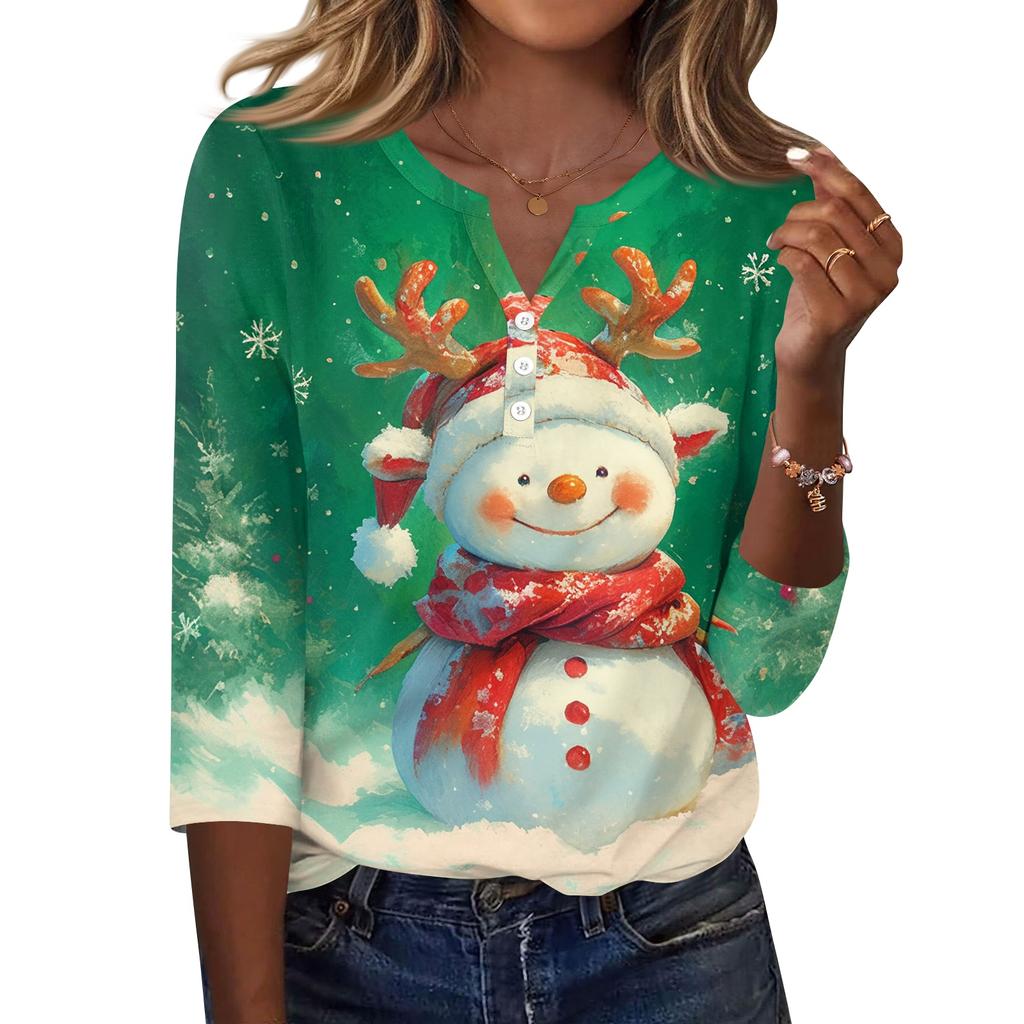 Women's Casual Christmas Print V-Neck T-Shirt with Decorative Buttons and 3/4 Sleeves