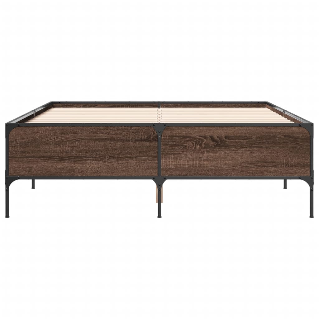 Brown Oak Effect Bed Frame 135 x 190 cm Wood Based Panel & Metal
