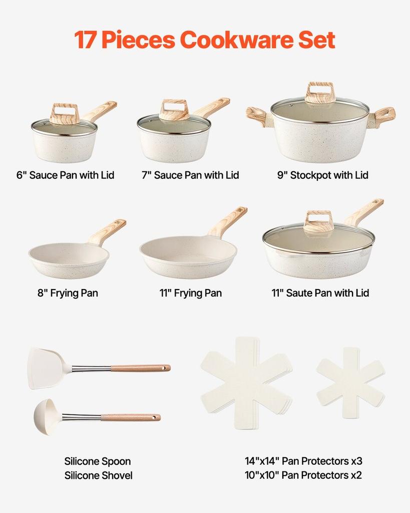 17 Piece Pots and Pans Set, Granite Nonstick Cookware Set, Induction Cookwares, Kitchen RV Cooking Sets with Frying, Sauce, Saute, Tempered Glass