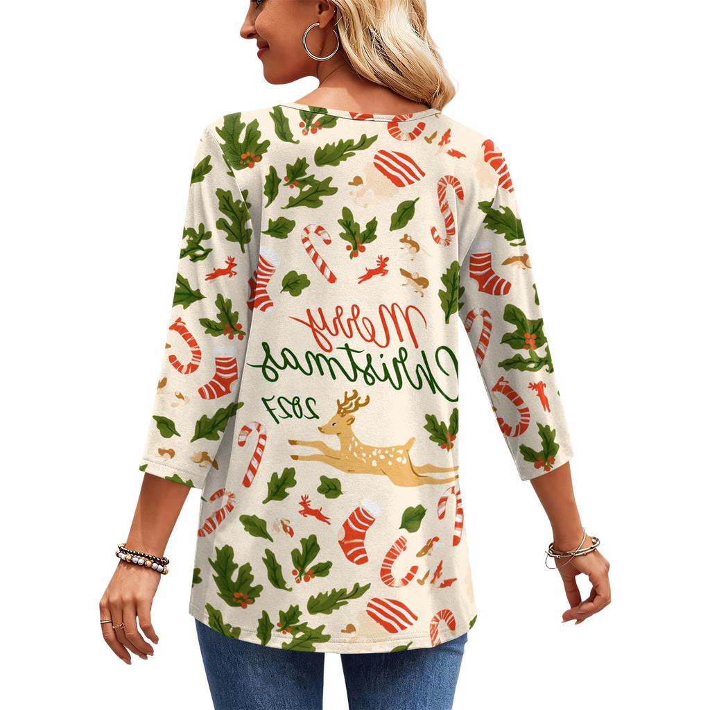 Women's Christmas Print V-Neck Three-Quarter Sleeve Casual Shirt for Holiday