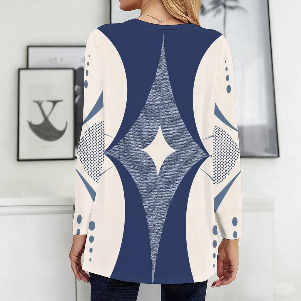 Women Plus Size Round Neck Long Sleeve Geometric Printed Loose Longline T Shirt With Pockets