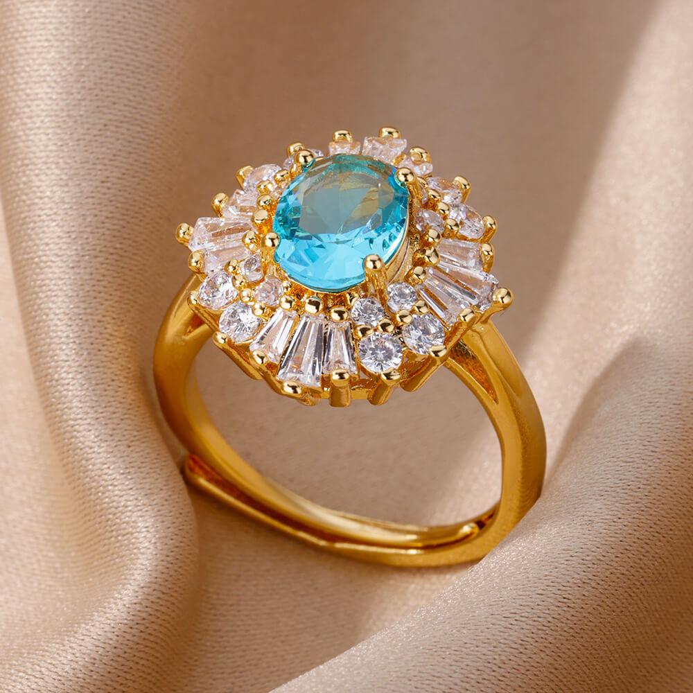 Stainless Steel Blue Zircon Flower Ring For Women Open Adjustable Flower Ring Wedding Aesthetic Jewelry Gift bijoux femme