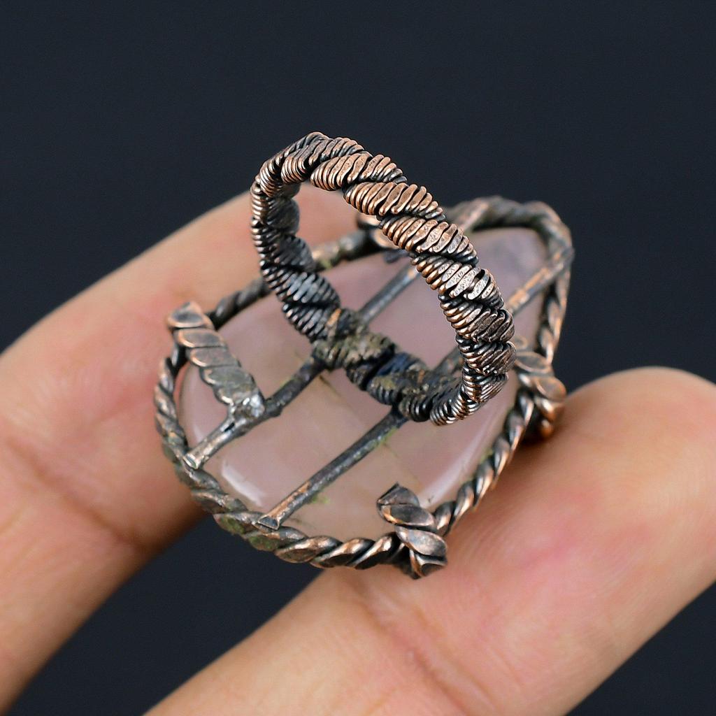 Rosenquarz-Edelstein, Kupferdraht umwickelt, handgefertigter Schmuckring für Hochzeitsgeschenk, alle Größen