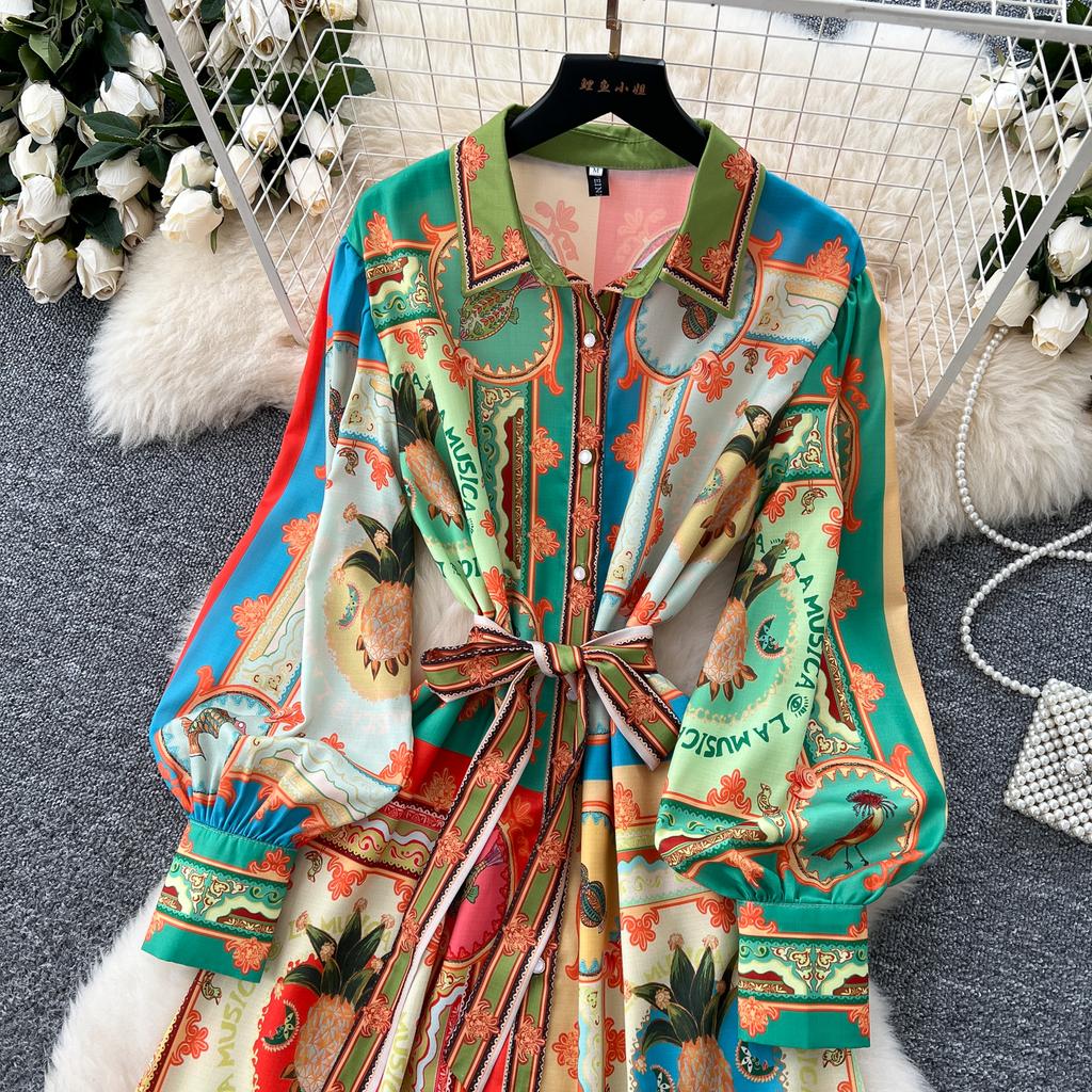 Frühling Sommer Damen Marke Designer Vintage Print Laufstegkleid Umlegekragen Lang Maxi Hemd Partykleider