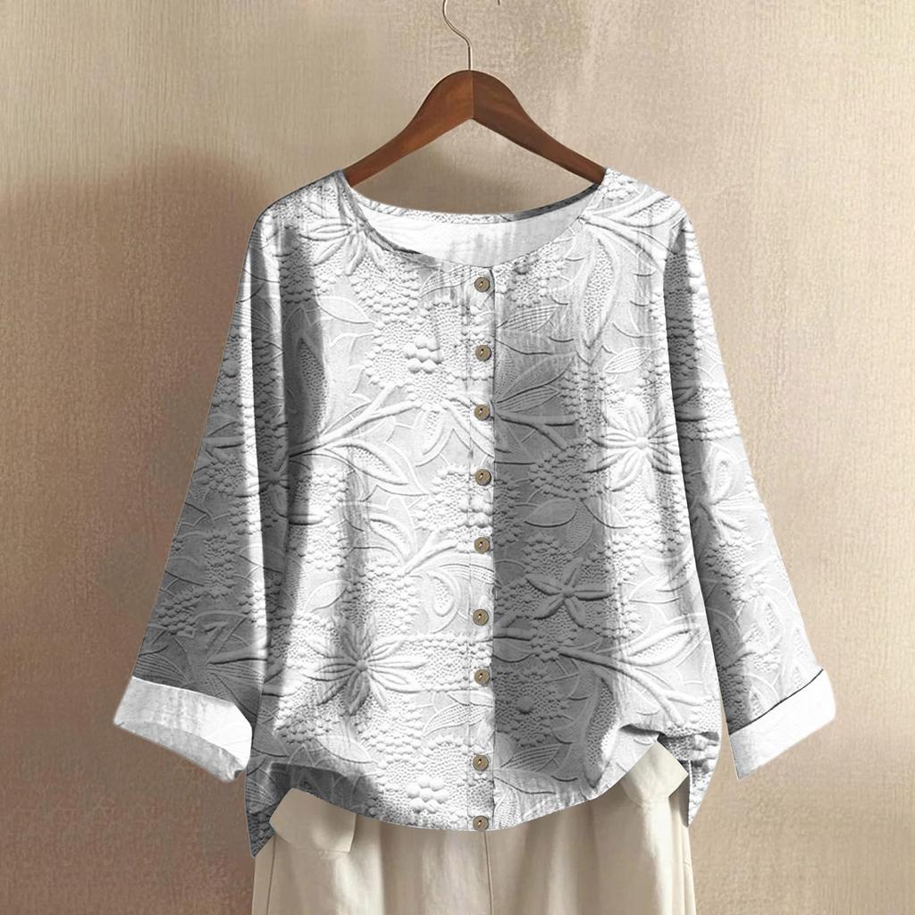 Cămașă de damă la modă și casual cu mânecă lungă, gât rotund, imprimeu, bumbac și in, bluză top