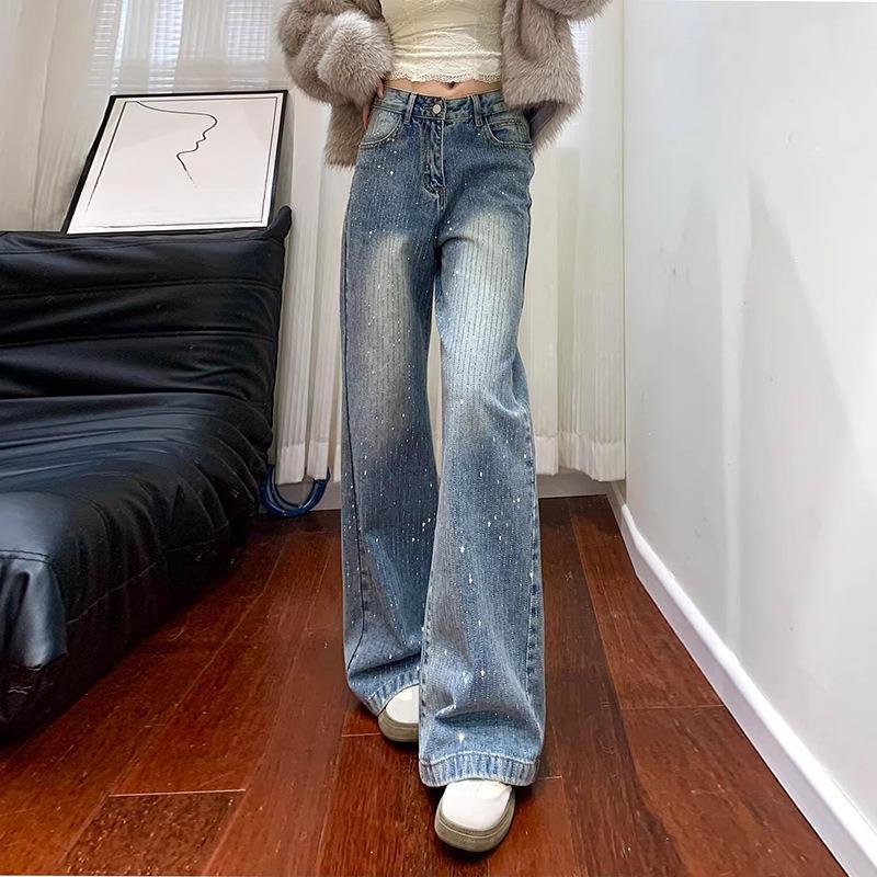 High Street Commuter Full Diamond Wide Legs High Waist Jeans Women's Spring and Autumn Skinny Loose Fashion Mopping Jeans