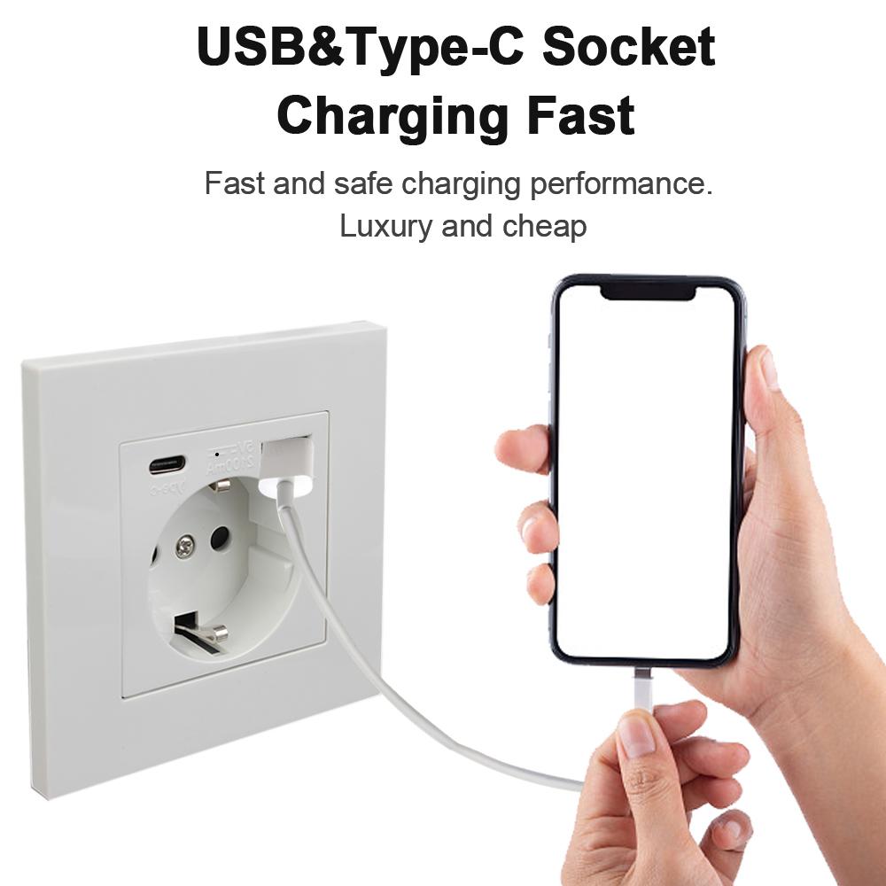 Power Outlets Germany Plug Socket PC Panel EU Standard 16A Electrical Wall Charger Adapter With Usb Type-C Charging Port