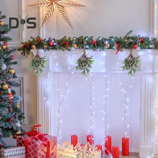 Rama de muérdago artificial para colgar en Navidad, adorno de muérdago falso con lazo, hojas con purpurina, rama de muérdago simulada para guirnalda, ramo para puerta