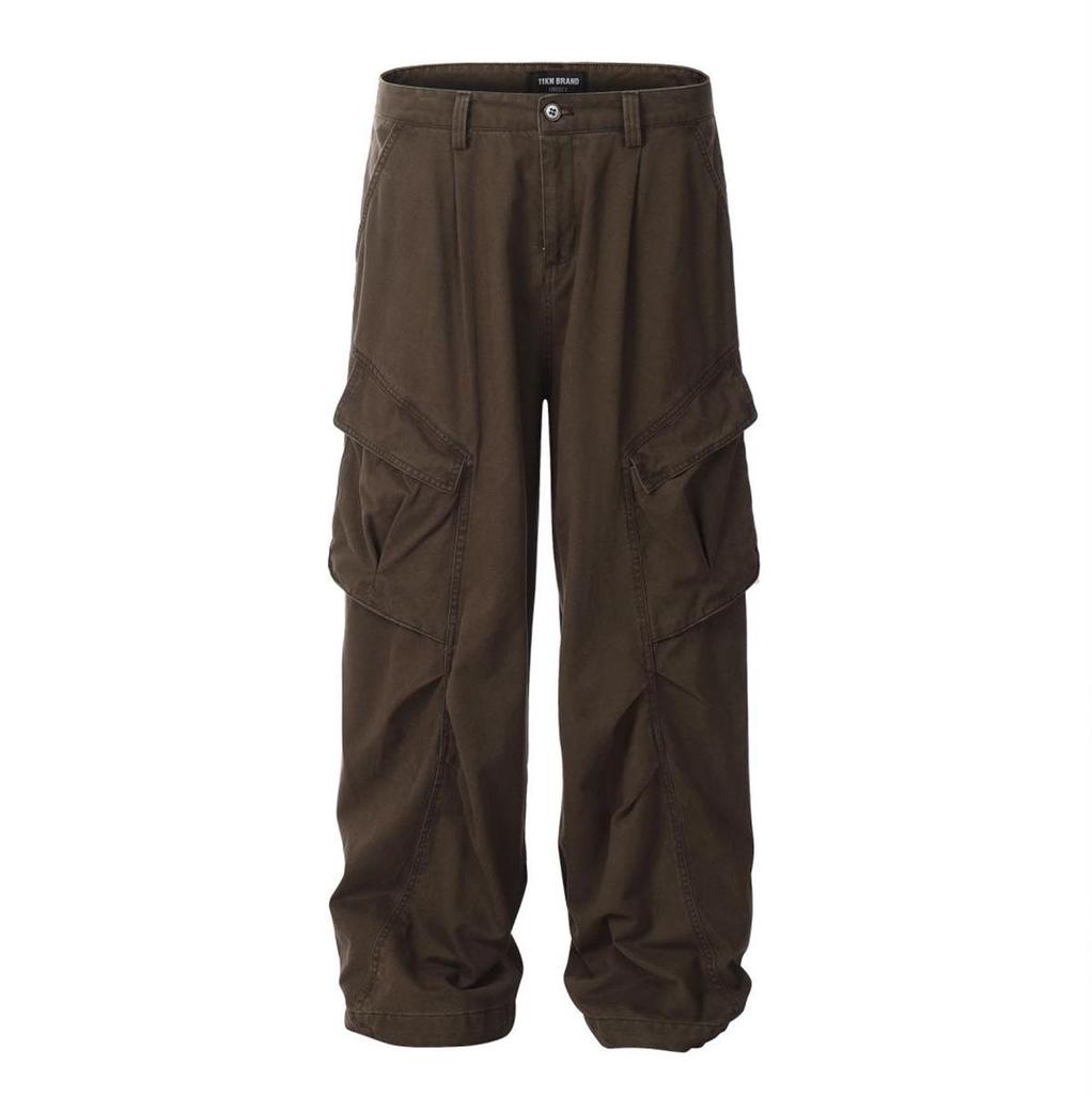 11KN Unisex Retro Wide Leg Work Pants with 3D Pockets - Pleated, Loose, Slimming, Casual, Long Fit