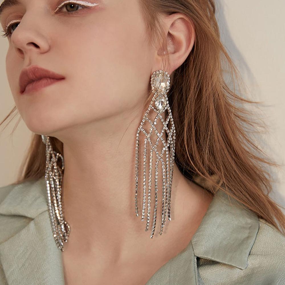 Strasssteine Accessoires, Modische Netz-Quastenohrringe, Übertriebene Luxusohrringe Damenohrringe
