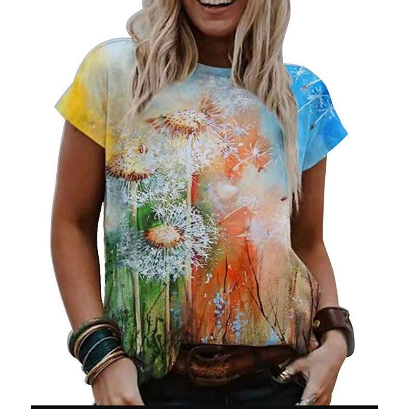Summer Women's Loose Round Neck Pullover Fashionable Trendy Simple 3D Digital Printed Women's Short Sleeved T-shirt