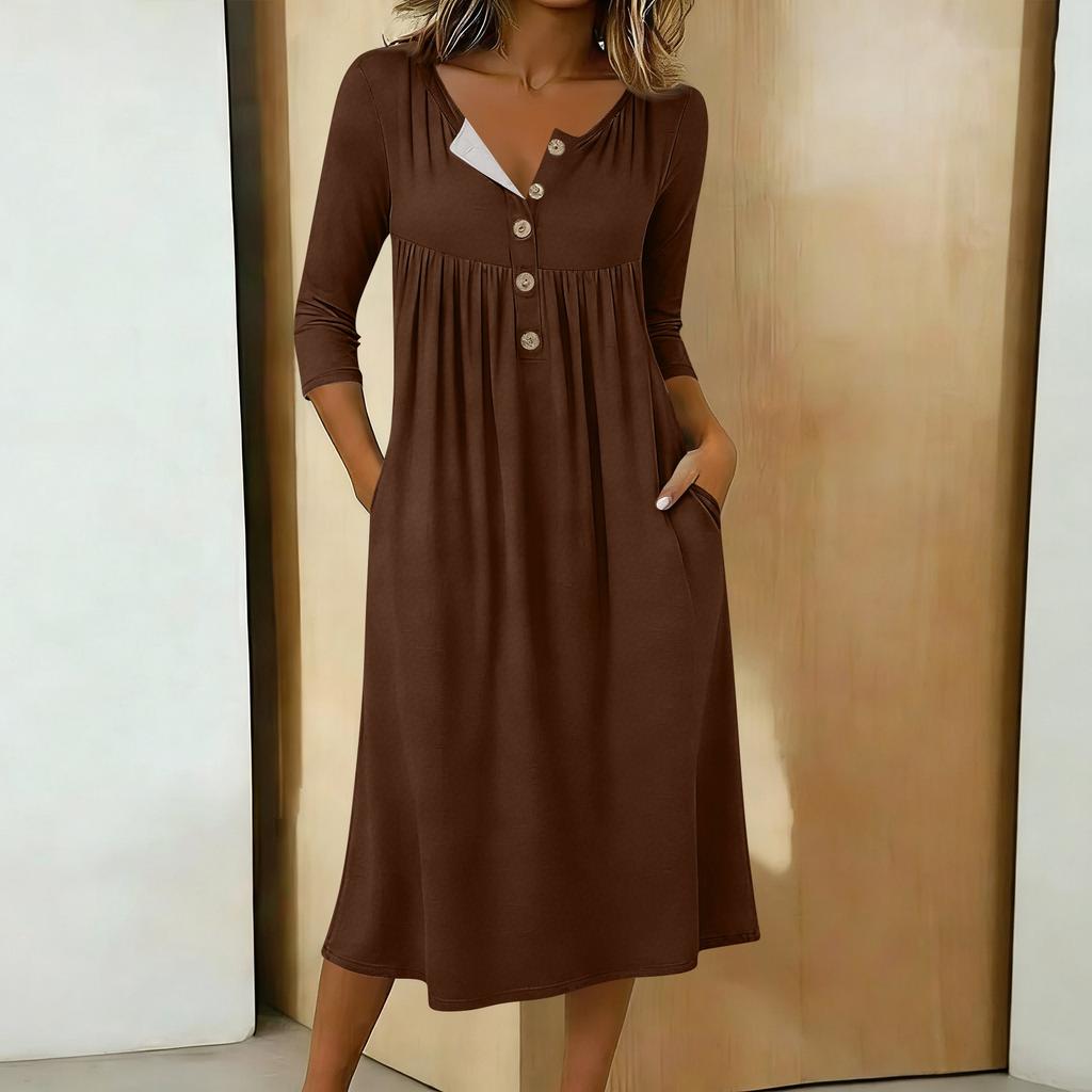 Damen Lässiges Midikleid mit 3/4 Ärmeln und Knöpfen