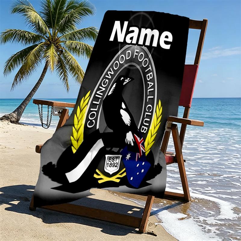 Personalisierbares Strandtuch mit individuellem Namen und Collingwood Magpies Print, für Reise, Camping, Strandparty, Heimdekoration, Geburtstagsgeschenk für Familie & Freunde