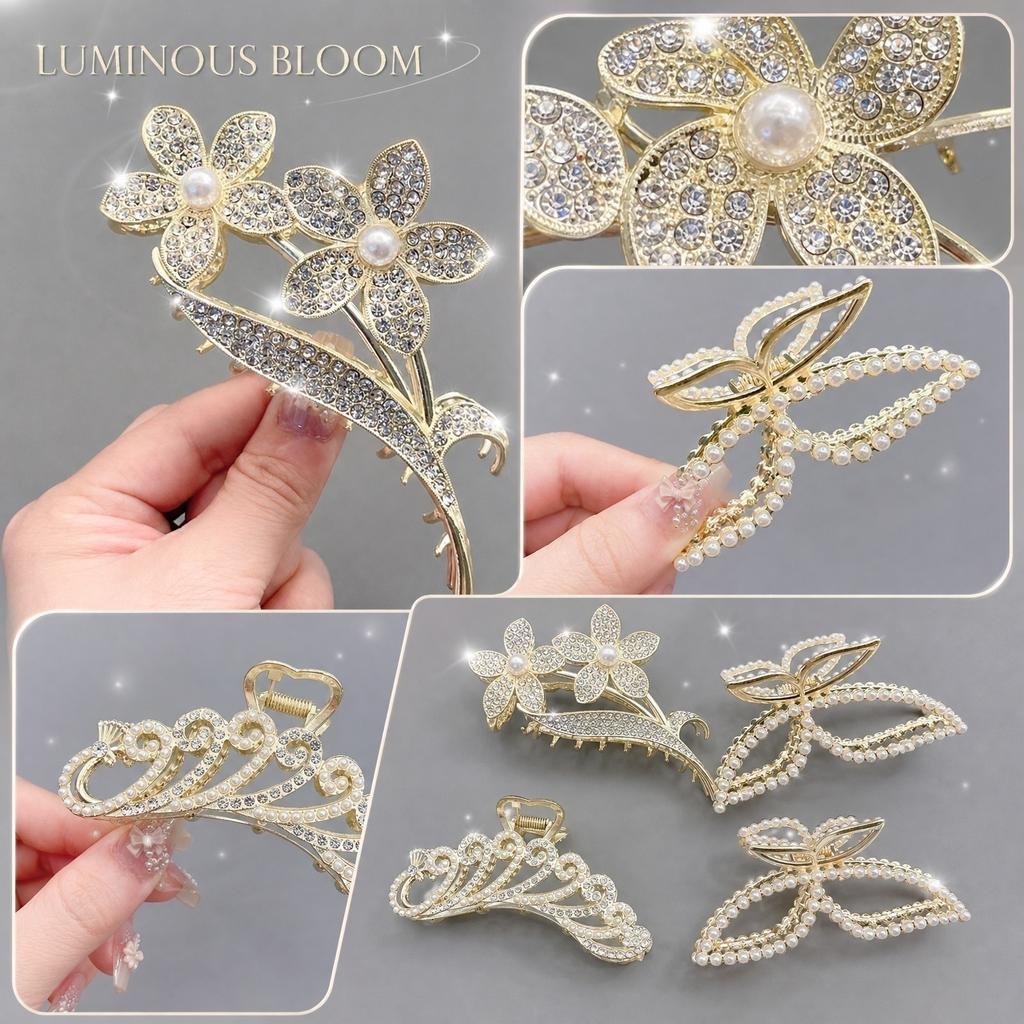 Large Metal Hair Claw Clip with Floral Design Pearl and Rhinestone Accents Tassel Hairpin for Updo Styling and Secure Hold