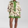 European American Women's Clothing Lace Printed Lapel Long-sleeved Pleated Dress