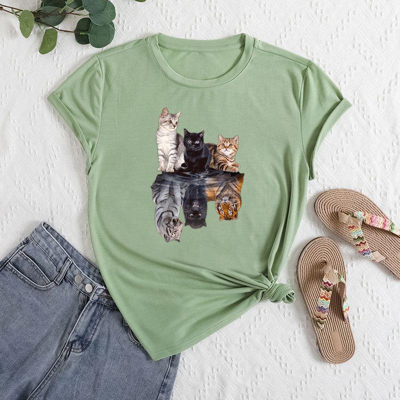 Summer Women's Three Cat Printed Loose Round Neck Casual Cotton Short Sleeves T-Shirts Women's