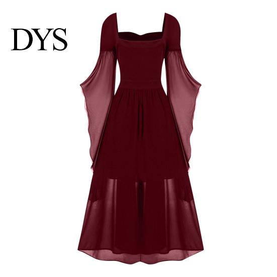 Wave Collar Dress Vinatge Women Irregular Horn Sleeve Solid Color A-line Big Hem Slim Square Neckline Waist Pleated Lace-up Strap Medieval Halloween