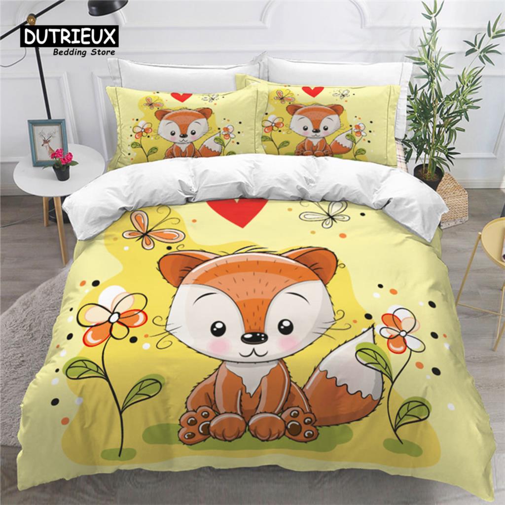 Kids Cartoon Fox Duvet Cover Microfiber Bedding Set Lovely Animal Theme Comforter Cover King For Kids Adults Girls Bedroom Decor