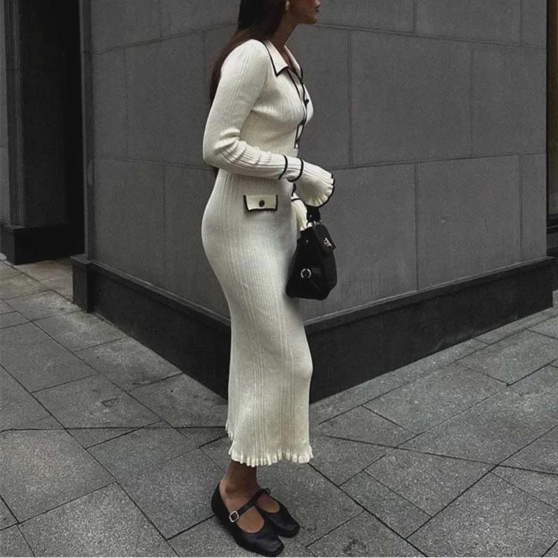 European-American Luxury Ruffled Knit Dress: Autumn Mid-Length with Lapel & Trumpet Sleeves