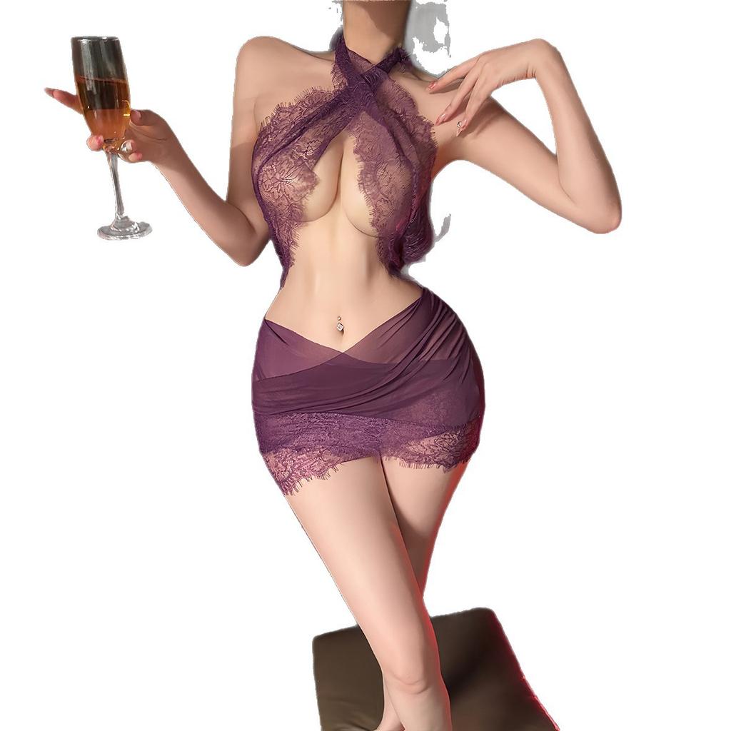 Sexy underwear women's sexy tight neck lace secretary uniform soft yarn hip skirt nightdress set A