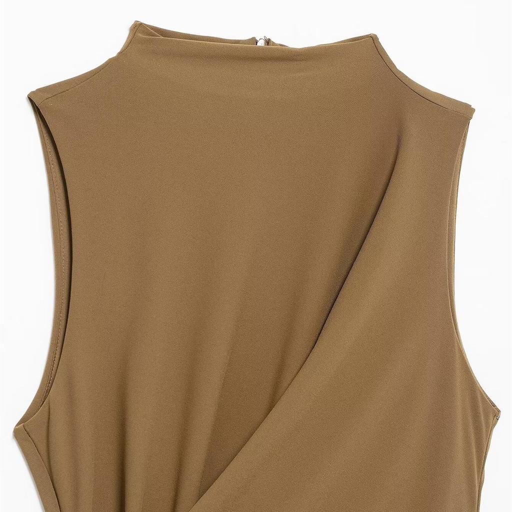 2025 Spring Women's Semi-High Neck Pleated Sleeveless Long Dress