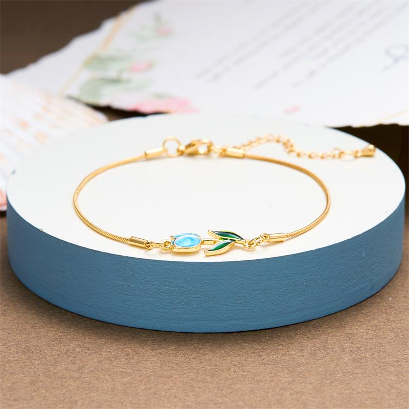 Koreanisches Tulpenblumen-Armband für Damen Leichter Luxus Emaille Kupfer Hummerverschluss Kette Verstellbares Charm-Armband Trendiger Schmuck