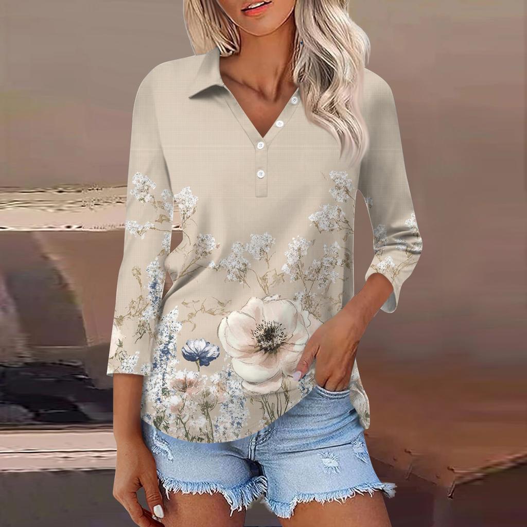 Women's Fashion Casual Lapel 3/4 Sleeve Print Shirt Women's Button Up Tops