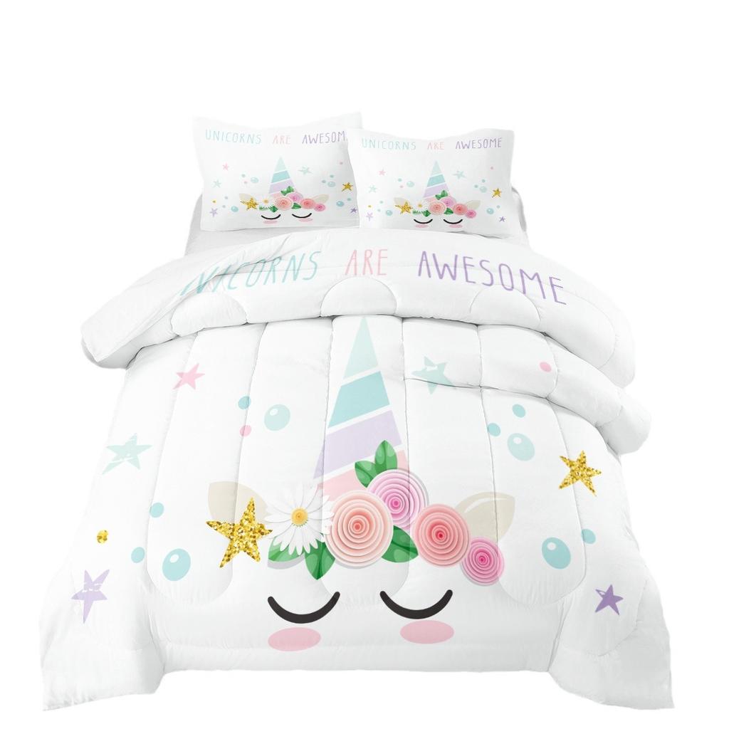 Cartoon Unicorn Three-piece Set Digital Print Fluffy Duvet Cover