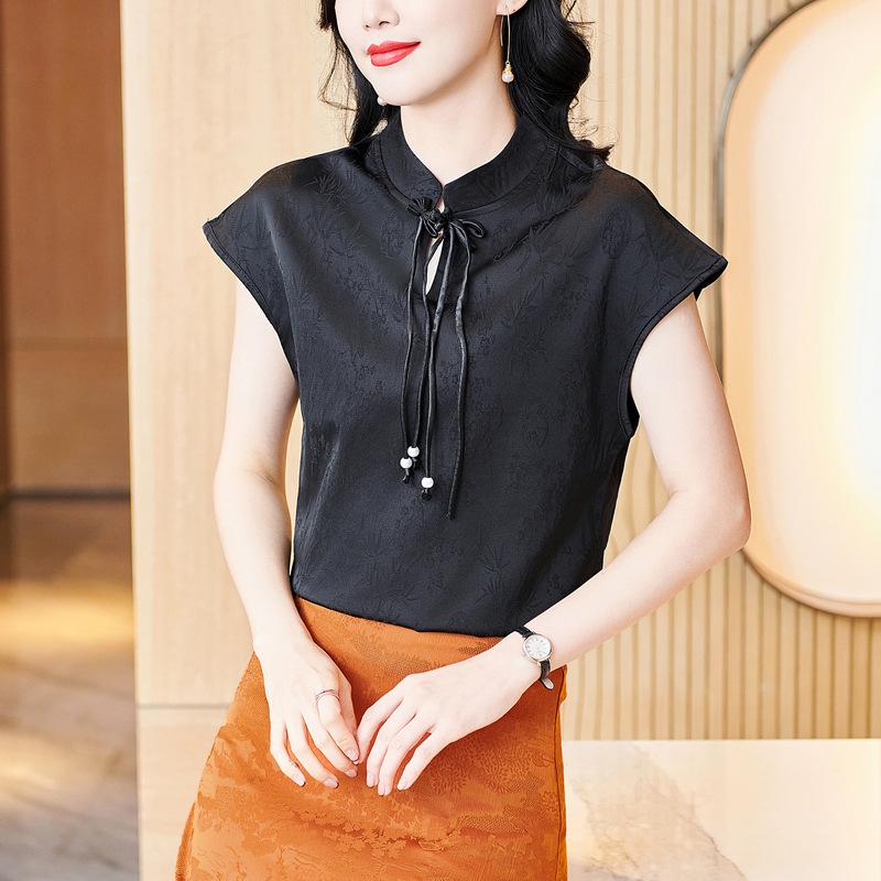 Nový letní outfit Šněrovací tričko pro ženy Čínský styl Černý Slim Stojáček Nový čínský styl