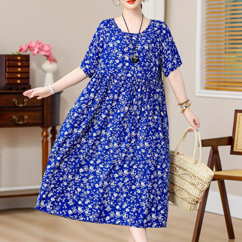 Plus Size Vintage Print Long Dress for Women Oversize Short Sleeve Elegant Loose Dresses Summer Casual Middle-aged Women's Clothing