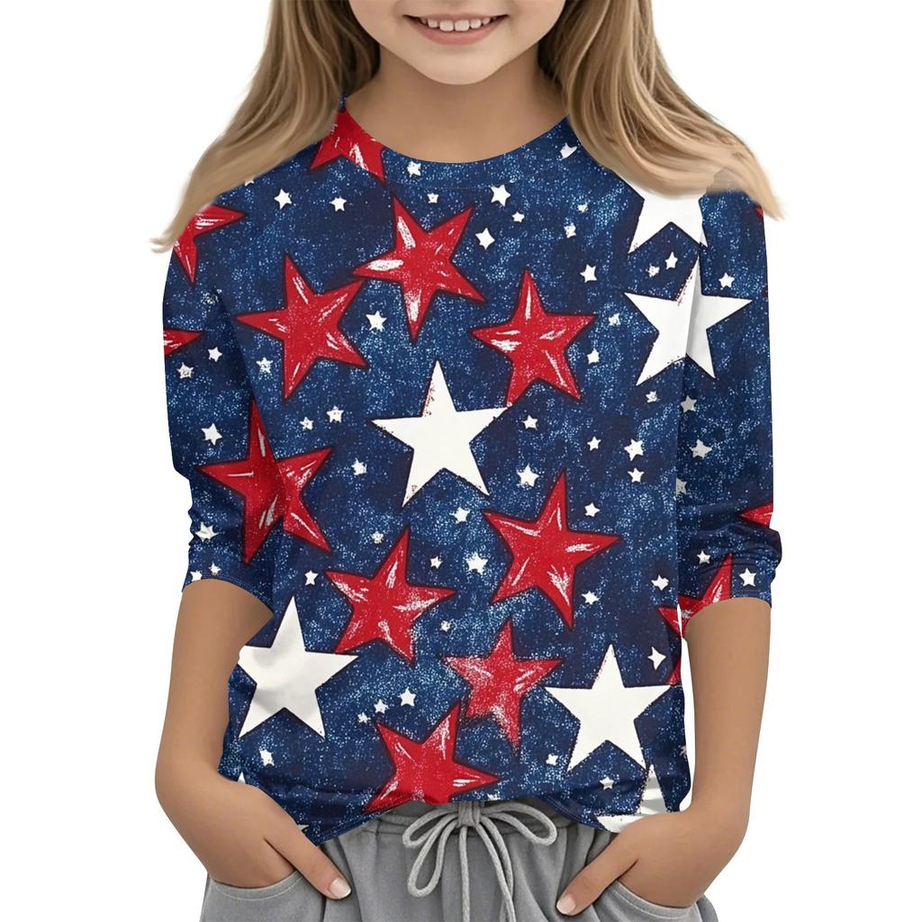 Barne 7/8-ermet trykket Independence Day crew-neck avslappet t-skjorte