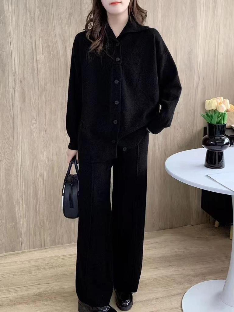 Korean Casual Knit Sweater & Wide-Leg Pants Two-Piece Set for Women