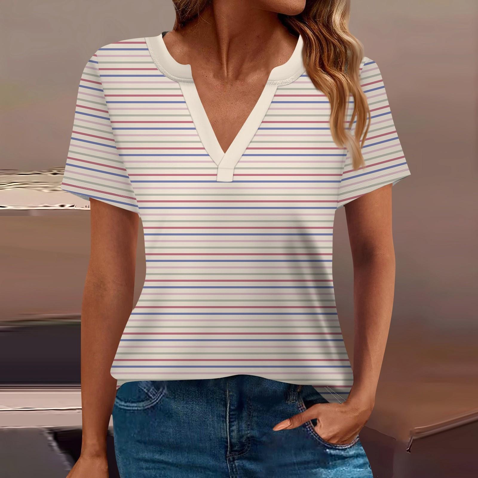 

Женская футболка Футболка с принтом с коротким рукавом Повседневные выходные Мода Базовый топ с V-образным вырезом Обычный топ S розовый