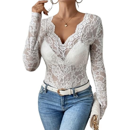 Women Tops V-Neck Long Sleeve See-through Lace Floral Design Pullover Tops Slim Fit Layering Versatile Tops