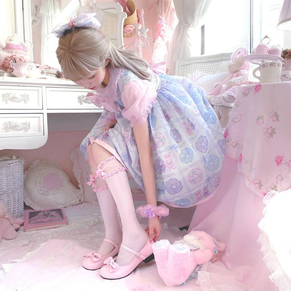 Pink & Blue Cotton Knee High Socks for Women | Cute Japanese Style Thin Academic Lace Calf Socks with Lolita Bowknot JK Design