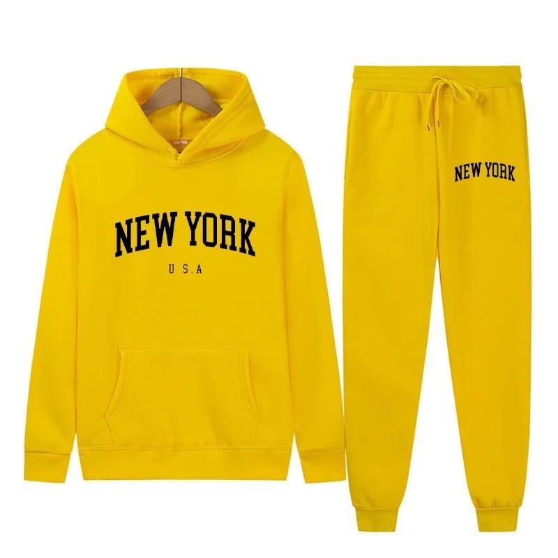 New York Letter USA City Hoodies + Hosen 2-teiliges Set Damenmode Sweatshirts Damen Casual Kapuzenpullover Sportwear-Anzug