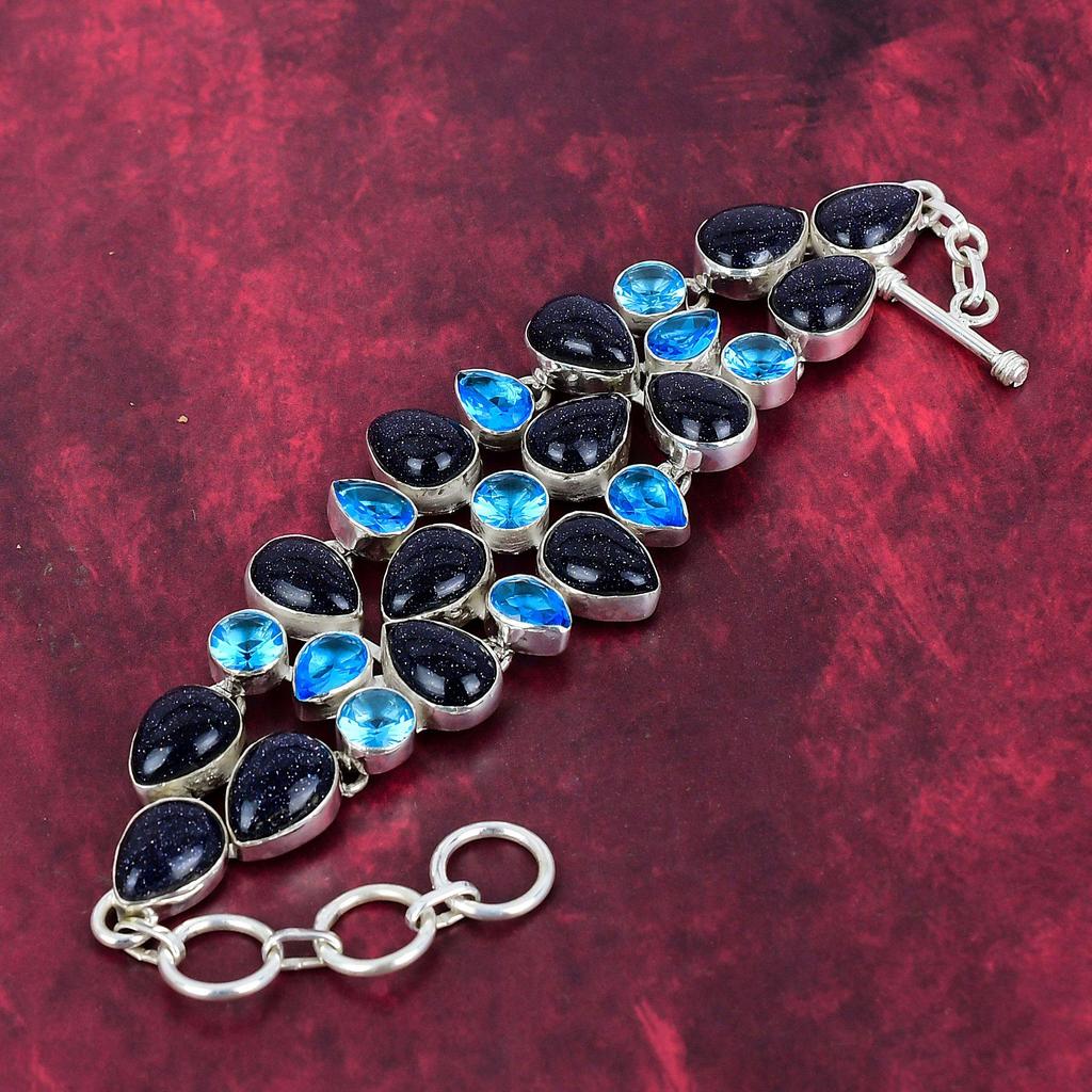 Blue Sunstone, Blue Topaz Bracelet, 925 Solid Sterling Silver Gemstone Jewelry, Handmade Bracelet For Mother Day