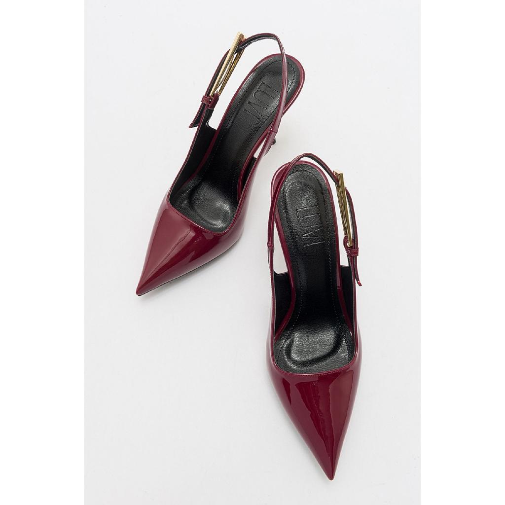 Labin Claret Red Patent Leather Buckle Women's High Heeled Shoes