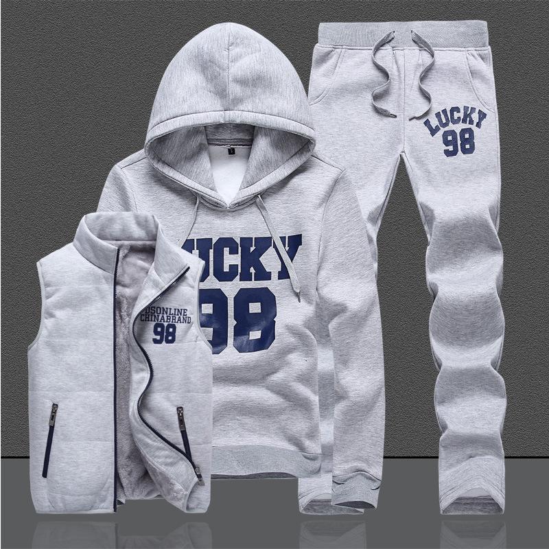 

Осень и зима плюс бархатный толстый свитер мужской костюм из трех частей с капюшоном и принтом XXXXL серый