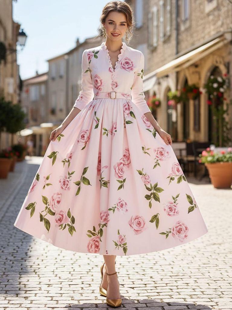 Artistic Retro V-Neck Waist-Cinching Long-Sleeve A-Line Women's Dress