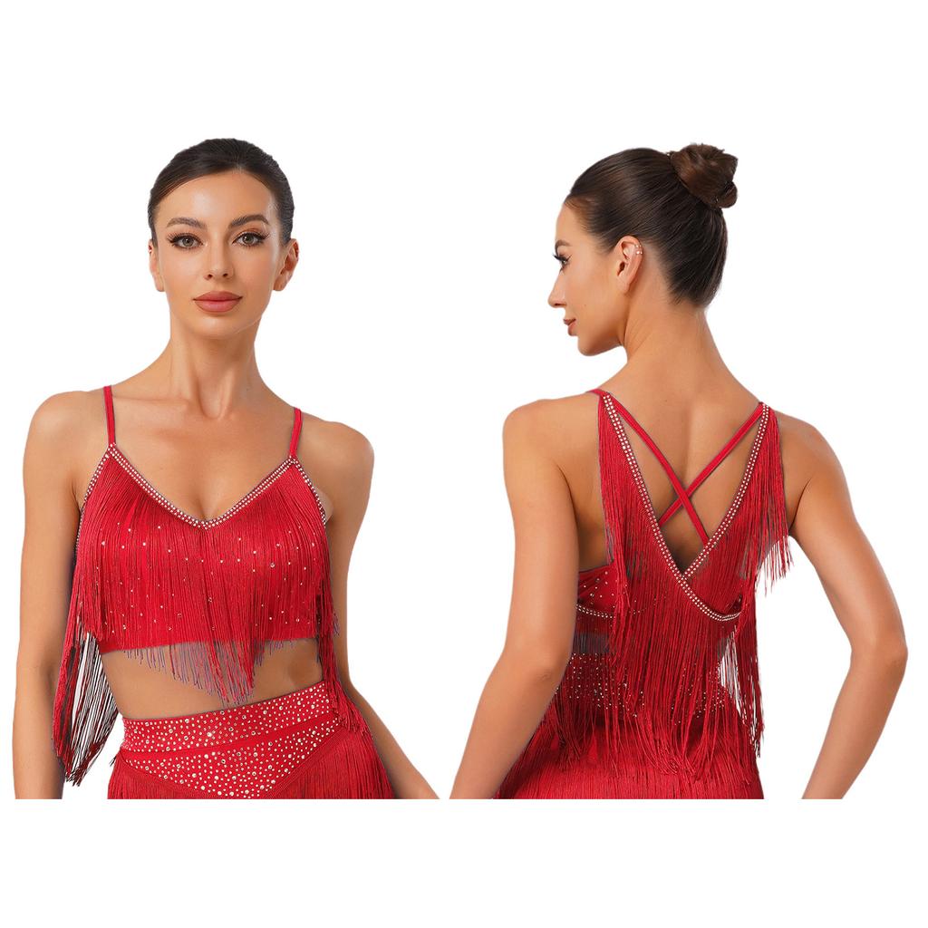 S-XXL Salsa Dance Top V Neck Sleeveless Open Back Fringe Detail for Latin Performance Competition Costume