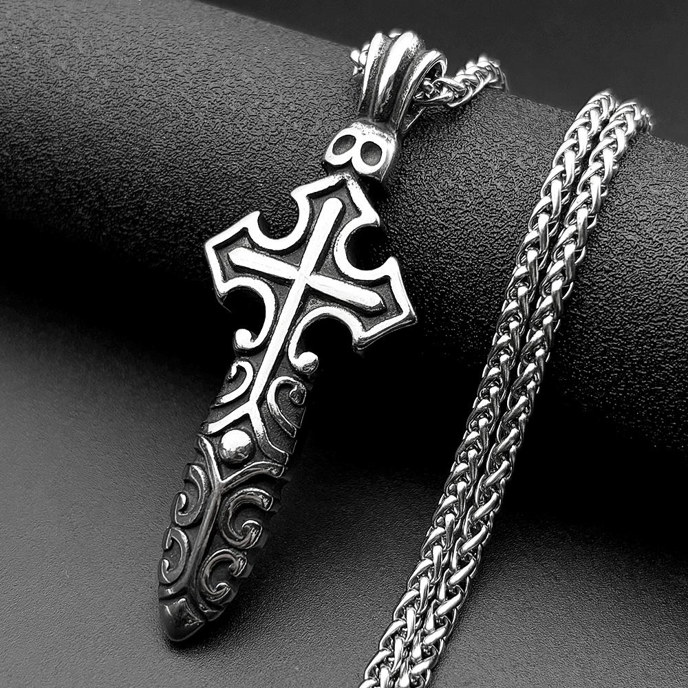 Vintage Gothic Punk Knight Sword Cross Pendant Necklace for Women Men Stainless Steel Silver Color Knife Chain Jewelry Gift
