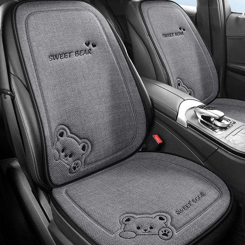 Fashion Luxury Car Seat Cushion Linen Cartoon Bear Women's Cute Anti-slip Breathable Car Seat Protect Cushion Cover Universal