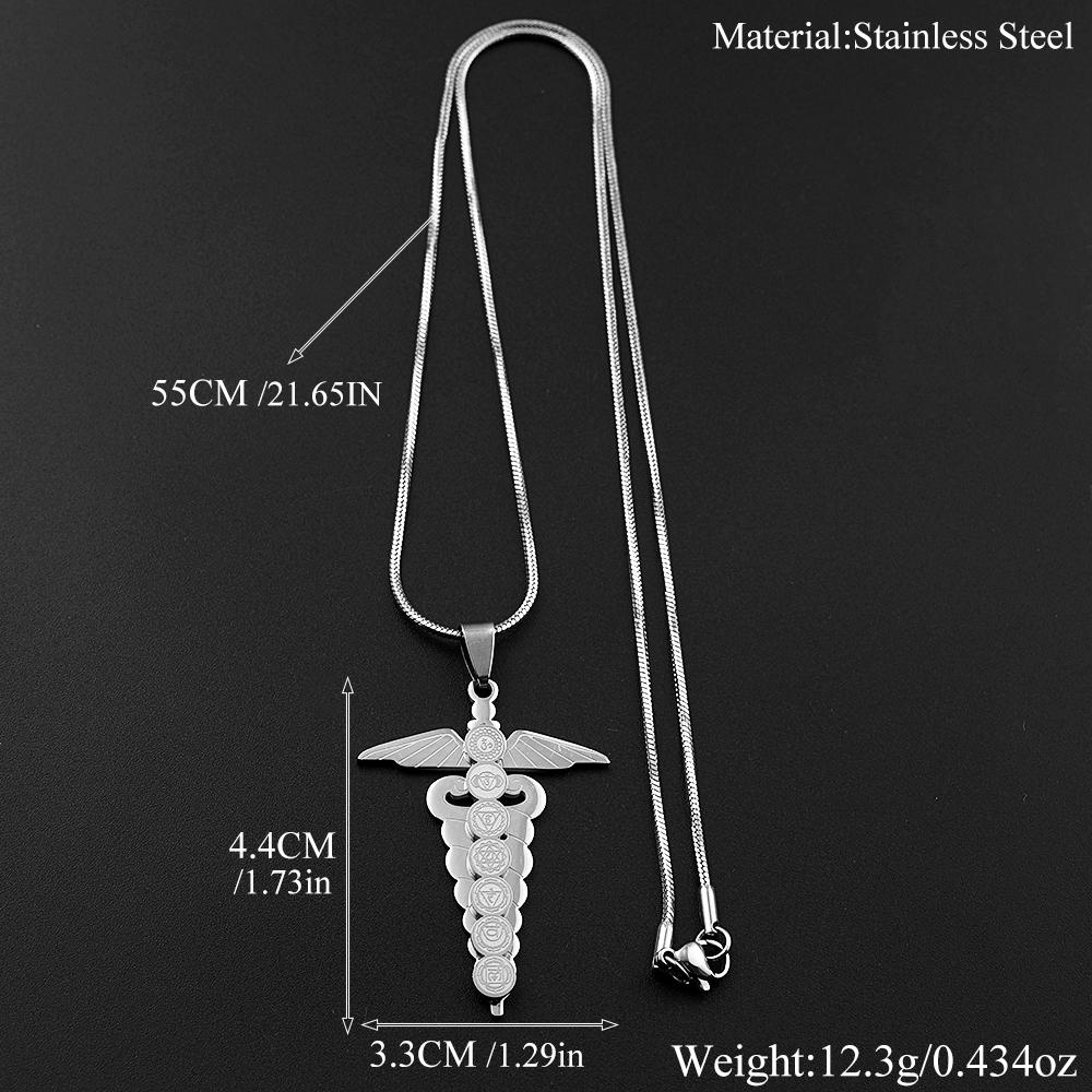 Caduceus Wings 7 Chakras Spiritual Healing Medical Symbol Pendant Necklace Stainless Steel Asclepius Protection Amulet Jewelry