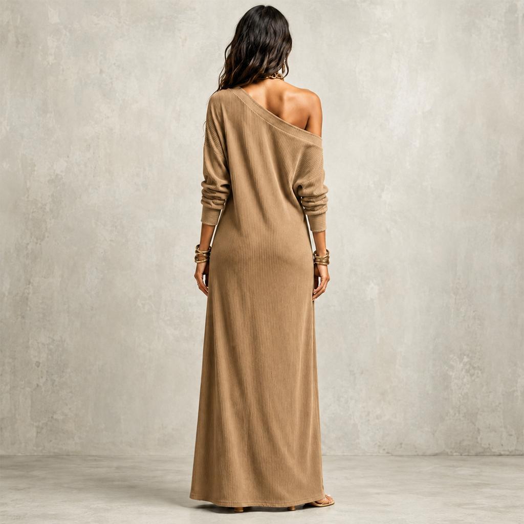 Women's One-Shoulder Corduroy Dress with Side Slit, Vintage for Daily Wear