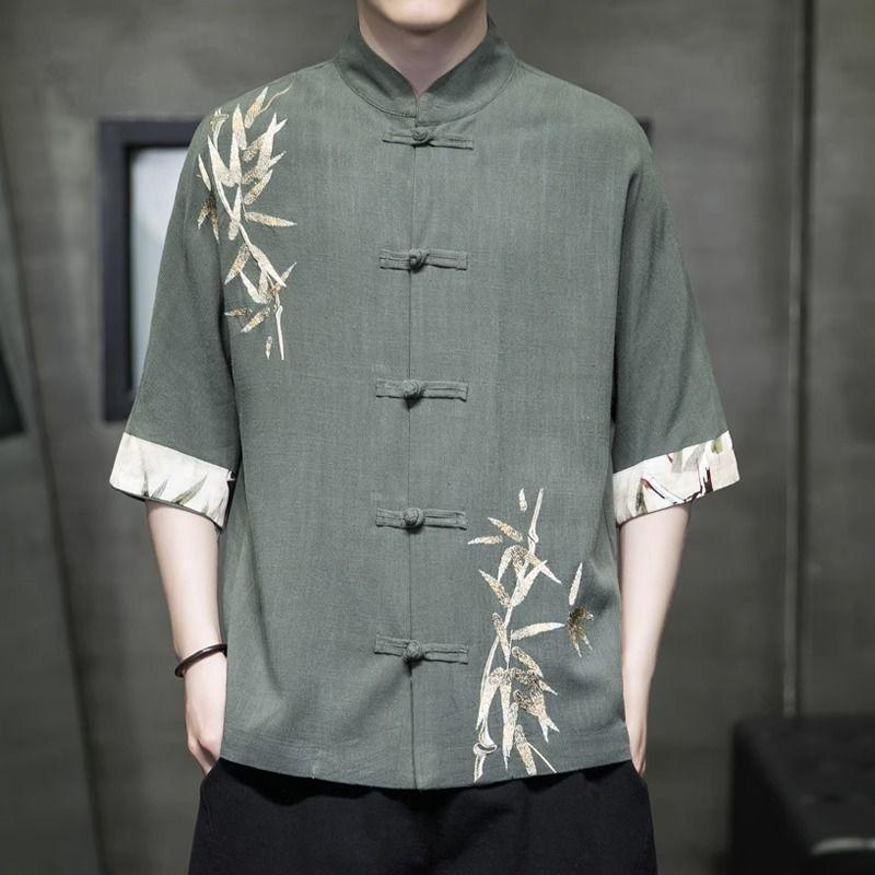 Summer Short Sleeved Shirt Men's Loose Jacket Chinese Style Button Top Tang Style Outfit
