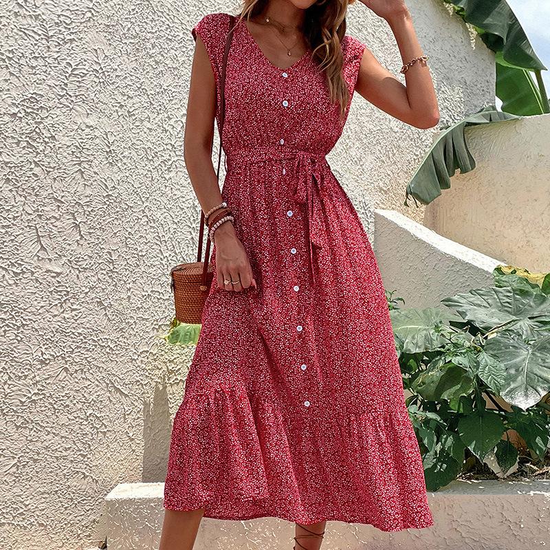 Summer lace-up V-neck short-sleeved floral split dress in stock