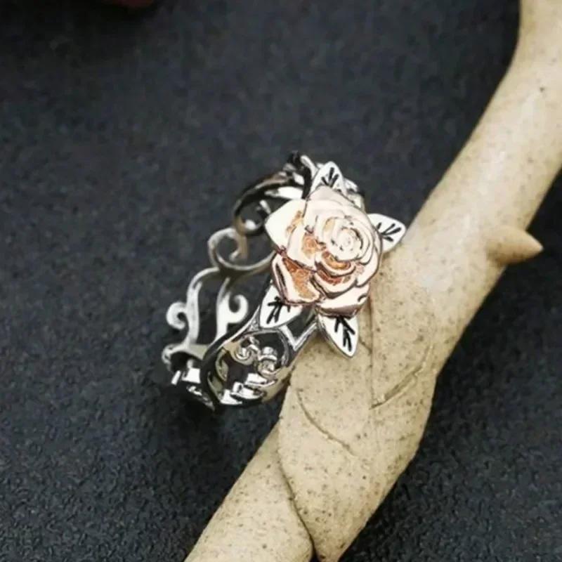 Vintage Block Rose Gold Plated Flower Ring for Women Fashion Style Plated Color Two-Tone Rose Flower Lady Ring Jewelry Gifts