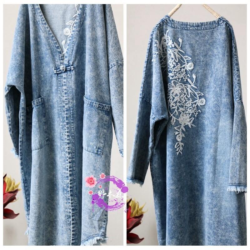 Johnature Women Vintage Embroidery Floral Coats V-Neck Long Sleeve Patchwork Pockets Autumn Women Coats