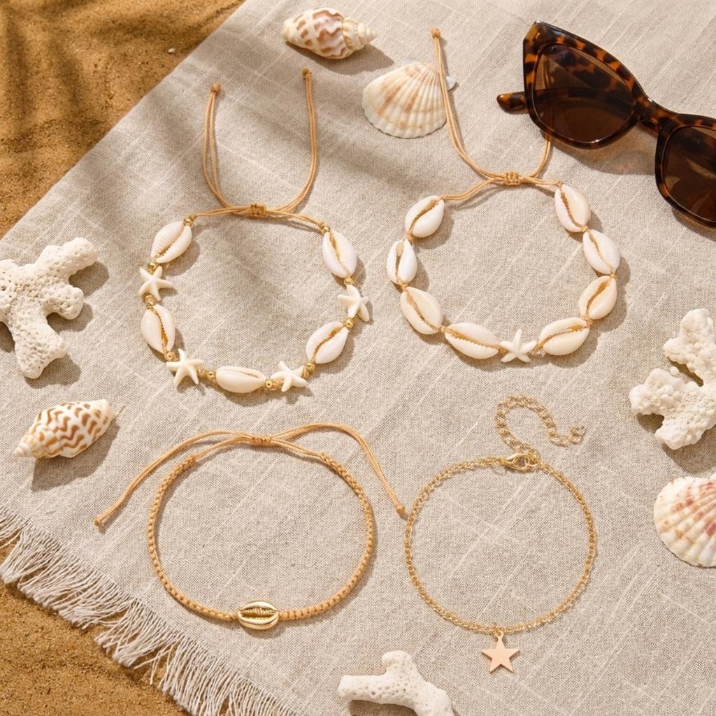 Summer Beach Acrylic Shell Starfish Woven Anklet For Women Men Bohemian Ocean Star Tassel Ankle Bracelet Vacation Foot Zircon